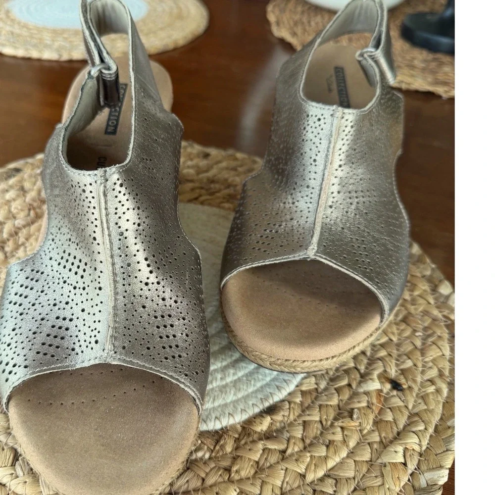 Clarks Collection Petrina Selma Metallic Pewter Wedge Sandals Womens 7.5 M